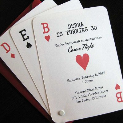A unique, custom casino night themed 30th birthday party invitation that resembles playing cards.