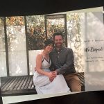A modern, custom wedding announcement with photo of couple that just eloped at the LA Arboretum.
