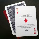 A unique, custom casino night themed birthday party thank you note that resembles a playing card.