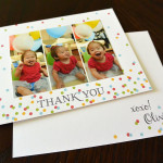 A custom confetti inspired birthday party thank you note incorporating photos of child.