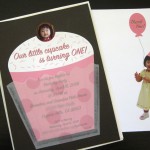 A unique cupcake themed custom 1st birthday party invitation set with thank you note incorporating photo of child.