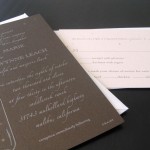 A whimsical, shabby chic custom wedding invitation set with reply card.