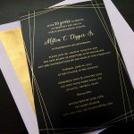 A unique black and gold custom invitation for a classy retirement party.