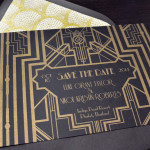 A Great Gatsby inspired custom, Art Deco, black and gold wedding save the date.