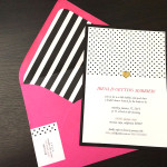 A Kate Spade inspired, custom bridal shower invitation with address label wrap around and lined envelopes.