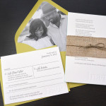 A modern, letterpress, custom wedding invitation set with reply card and envelope for a Costa Rica destination wedding with a photo of the couple as the envelope liner.