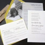 A modern, letterpress, custom wedding invitation set with reply card and envelope for a Costa Rica destination wedding with a photo of the couple as the envelope liner.