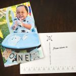 A custom and unique Wild One 1st birthday party thank you postcard incorporating photo of child.