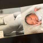 A contemporary, custom tri-fold baby birth announcement that opens up to an actual size photo of baby.