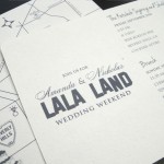 A contemporary, Hollywood/Los Angeles inspired, custom wedding weekend invitation set.