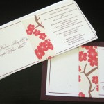 A contemporary, cherry blossom inspired custom wedding invitation set with thank you note.