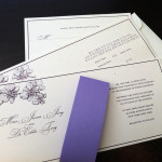 A modern, contemporary, orchid inspired custom wedding invitation set with insert and reply postcard.