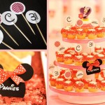 A custom modern Minnie Mouse inspired birthday party cupcake toppers and buffet tags.