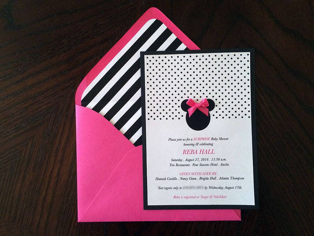 A modern, Kate Spade meets Minnie Mouse inspired custom baby shower invitation.