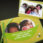 A unique fun custom two peas in a pod garden themed party invitation to celebrate a baptism and birthday with thank you note incorporating photos of the kids.
