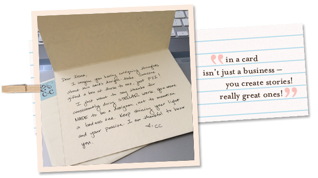 A handwritten thank you note from a client with a quote that reads, "in a card isn't just a business—you create stories! really great ones."